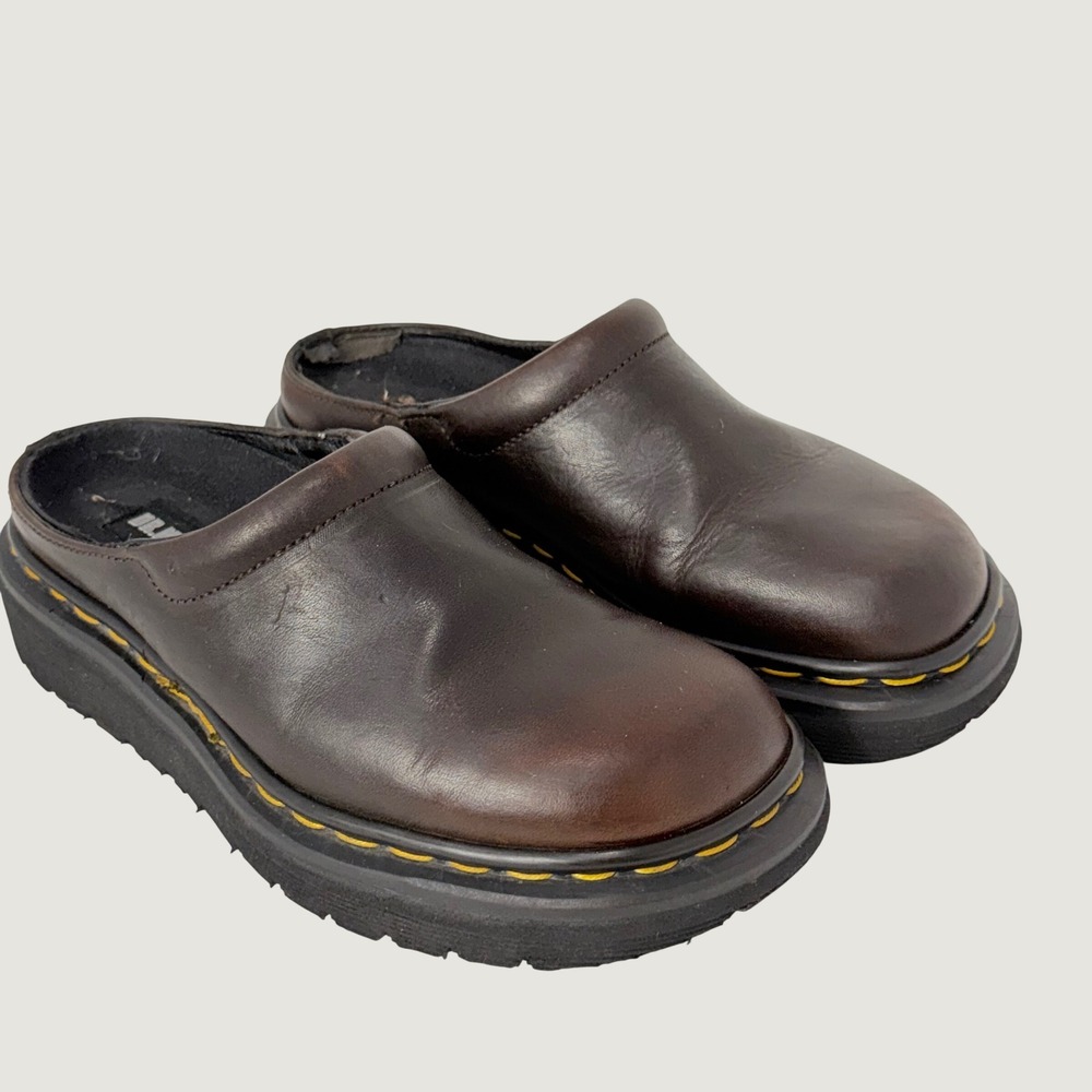 Dr. Martens Brown Leather Slip-On Clogs with Yellow Stitching